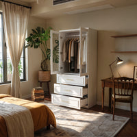 Rena 31.7" Modern White Glass Door Armoire with Hanging Rod and 3 Drawers
