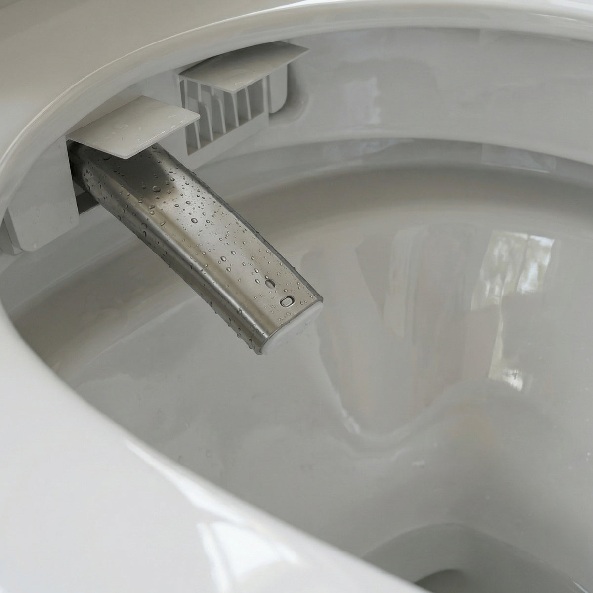 White smart toilet with digital display, and side control knob