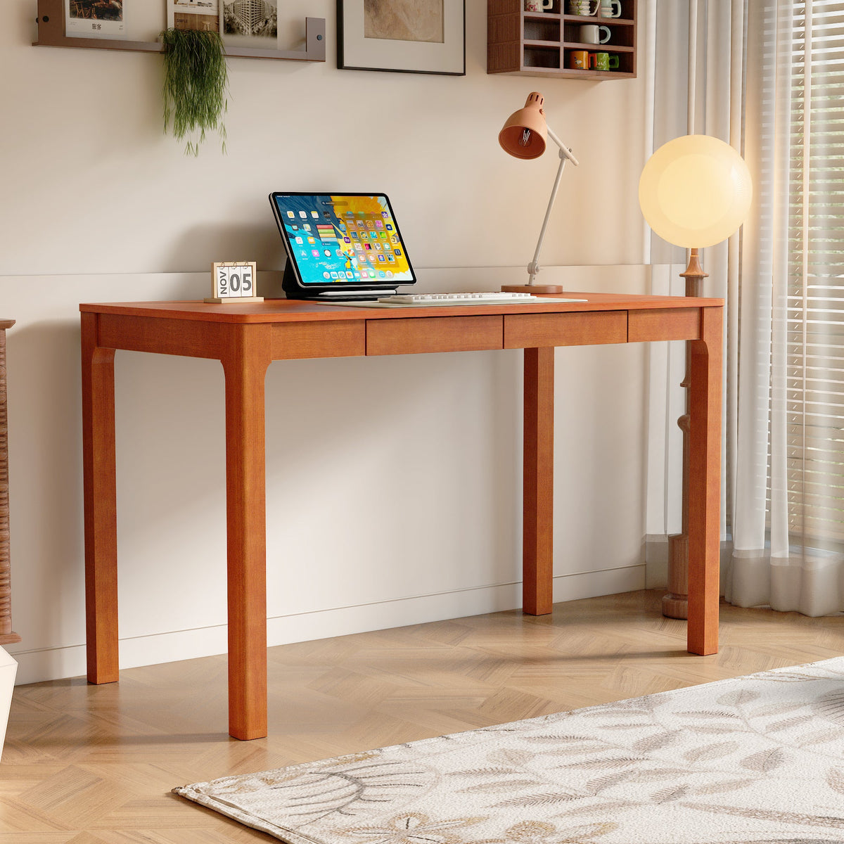 47.2" Modern Scandinavian Brown Rubberwood Writing Desk with Double Drawers