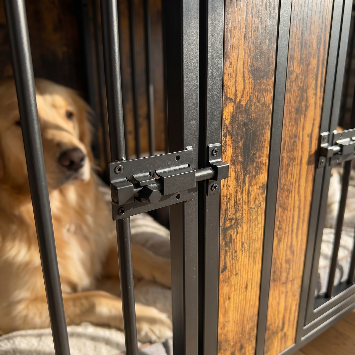 78.7" Rustic Wood Double Dog Crate End Table with Divider & Raised Legs