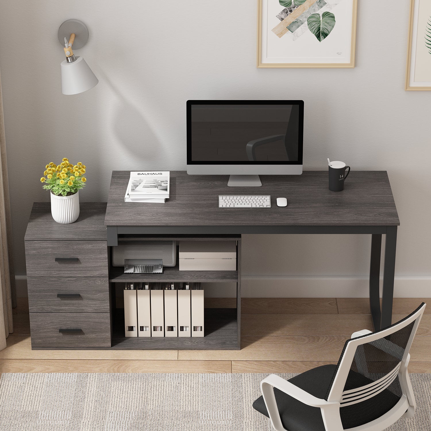 Home Office Computer Desk Corner Desk with 3 Drawers and 2 Shelves, 55 Inch Large L-Shaped Study Writing Table with Storage Cabinet