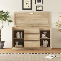 Wooden entertainment center with open doors displaying books and decor items, with a plant and framed pictures in the background
