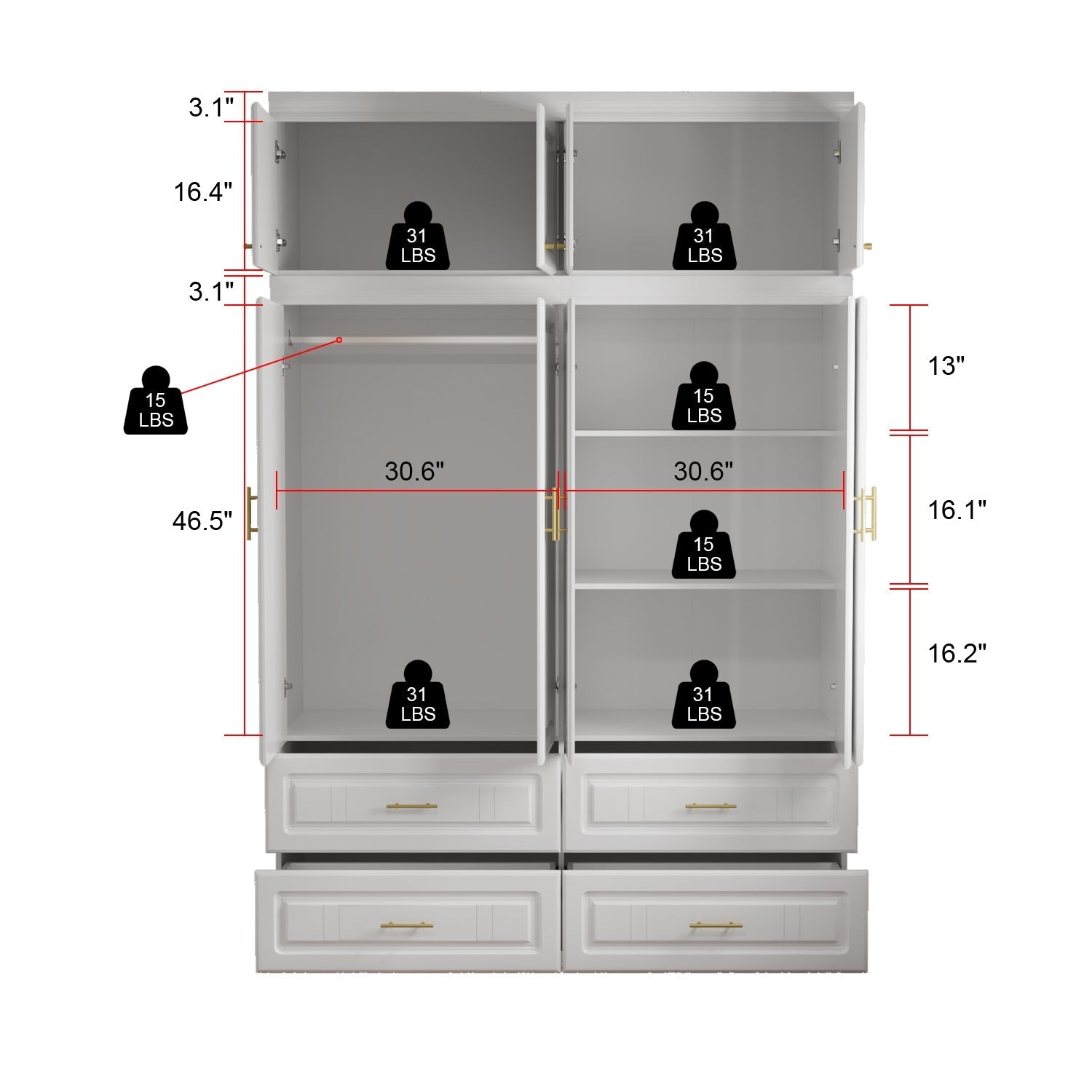 Family Cabinet Wardrobe Bedroom Armoire Home Closet 4 Doors and Drawers
