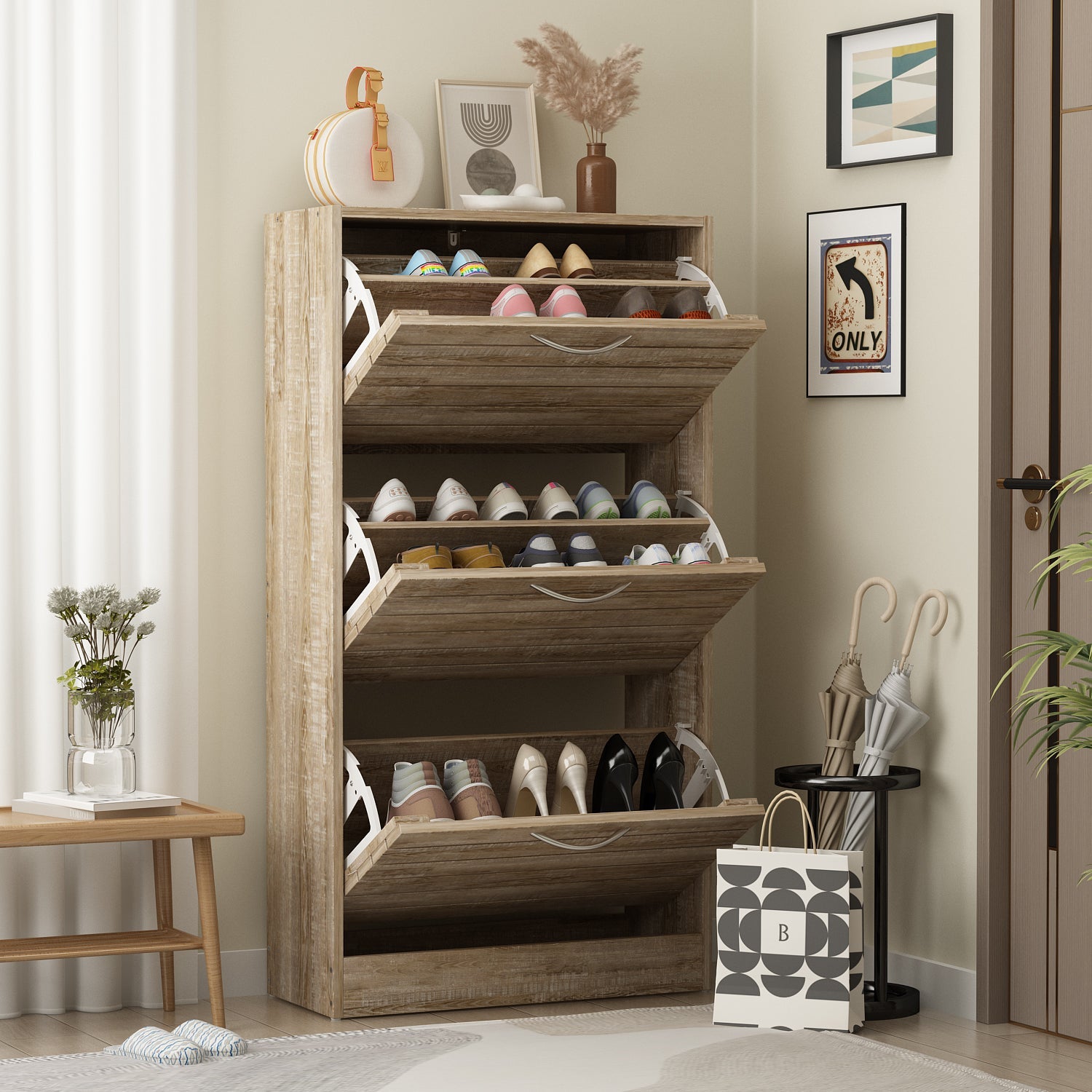 Farmhouse Shoe Cabinet 3 Flip Doors Shoe Organizer for Hallway Entryway