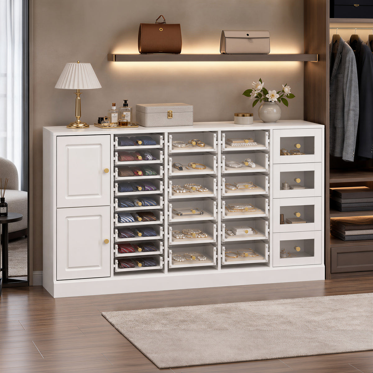 59" Modern White 25-Drawer Dresser with Glossy Acrylic Fronts, 2 Storage Cabinets and Anti-Tip Design