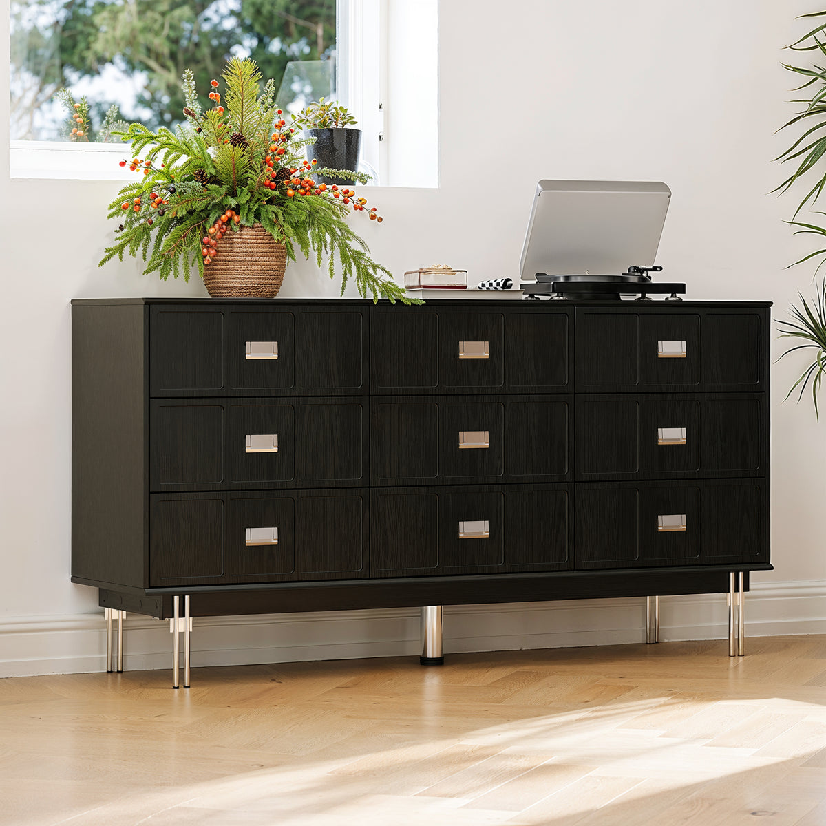 63" Modern Black Dresser with 9 Drawers, Metal Legs and Square Handles