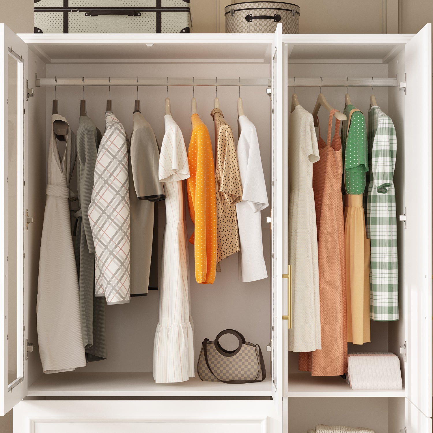 74.9"H Bedroom Armoire with Glass Doors, 3 Drawers & Hanging Rod for Organized Clothing Storage