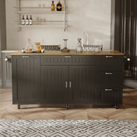 Black kitchen island with wood top, drawers, cabinet doors, towel bar, and wheels