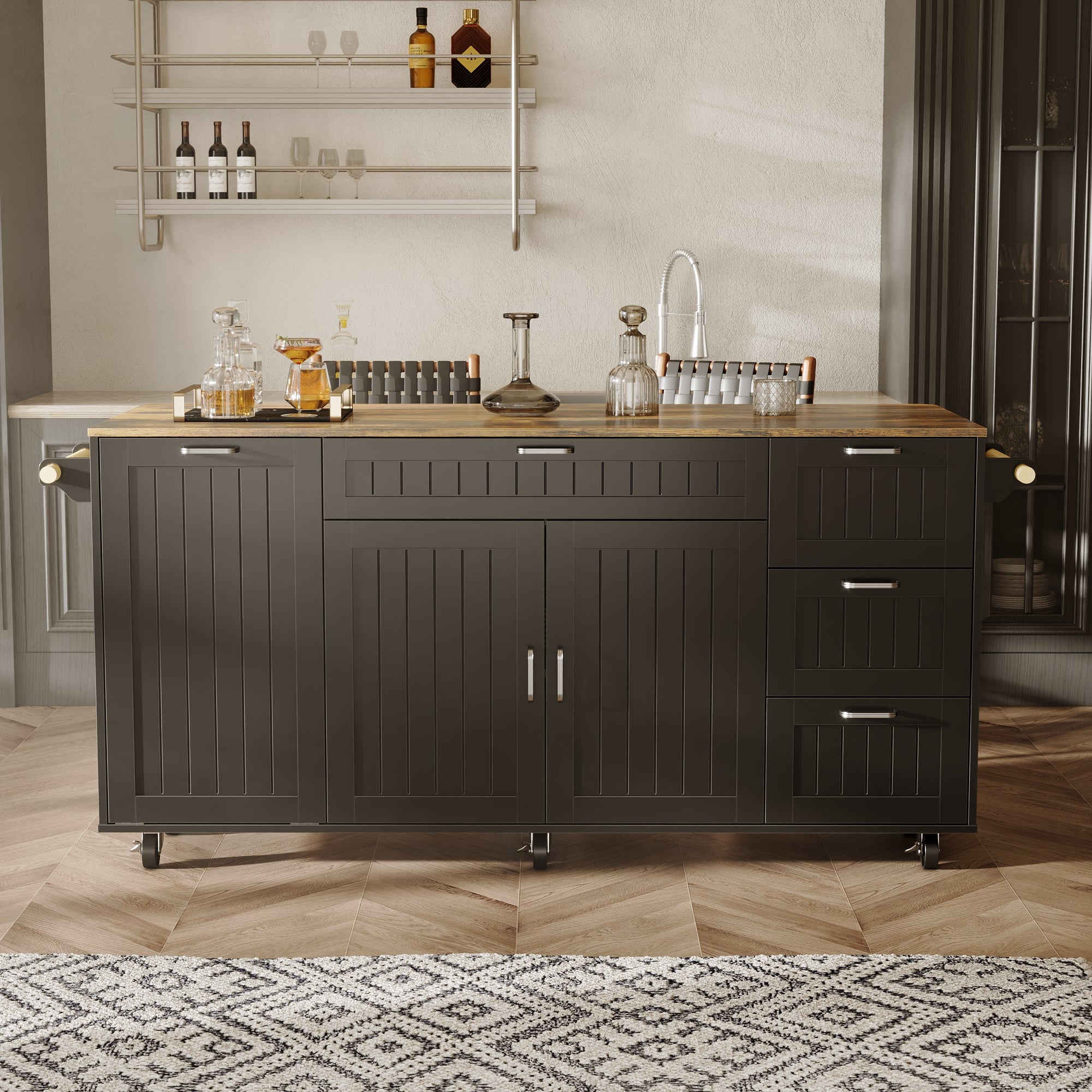 Black kitchen island with wood top, drawers, cabinet doors, towel bar, and wheels
