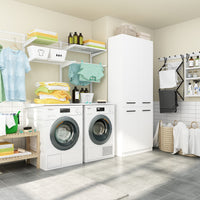 Modern laundry room with washing machine, dryer, and shelves with laundry supplies.