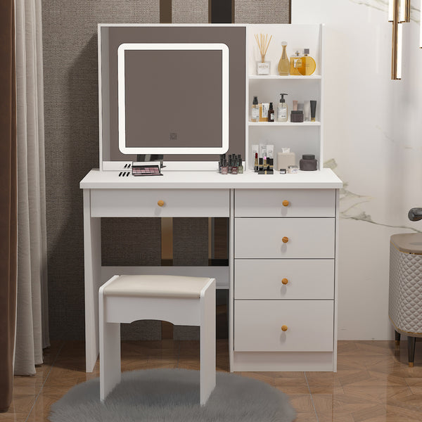39.4" Modern White/Black Wide Makeup Vanity Set with Stool and Mirror