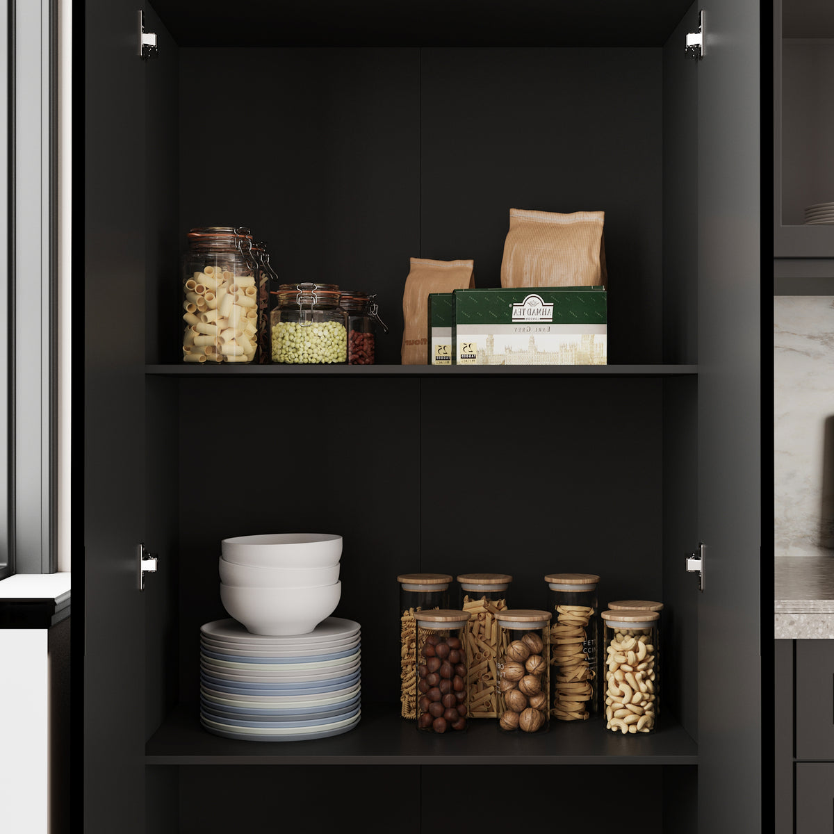 90.6" Tall Black Kitchen Pantry Cabinet with 4 Doors and Adjustable Shelves
