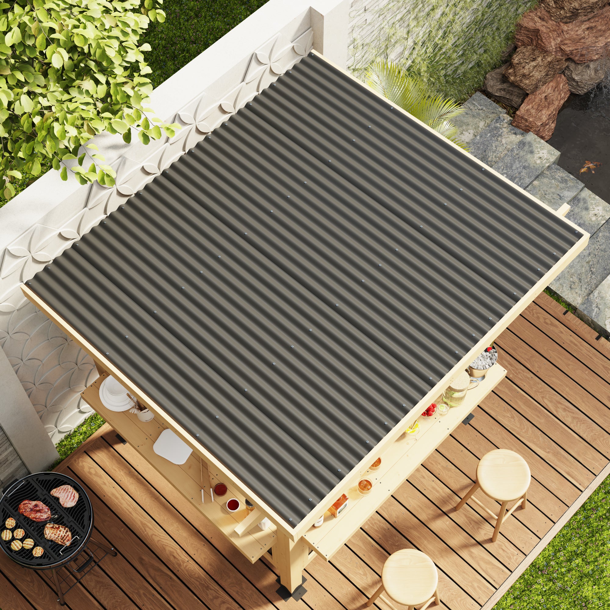 Outdoor grill with a gray cover on a wooden deck, surrounded by greenery