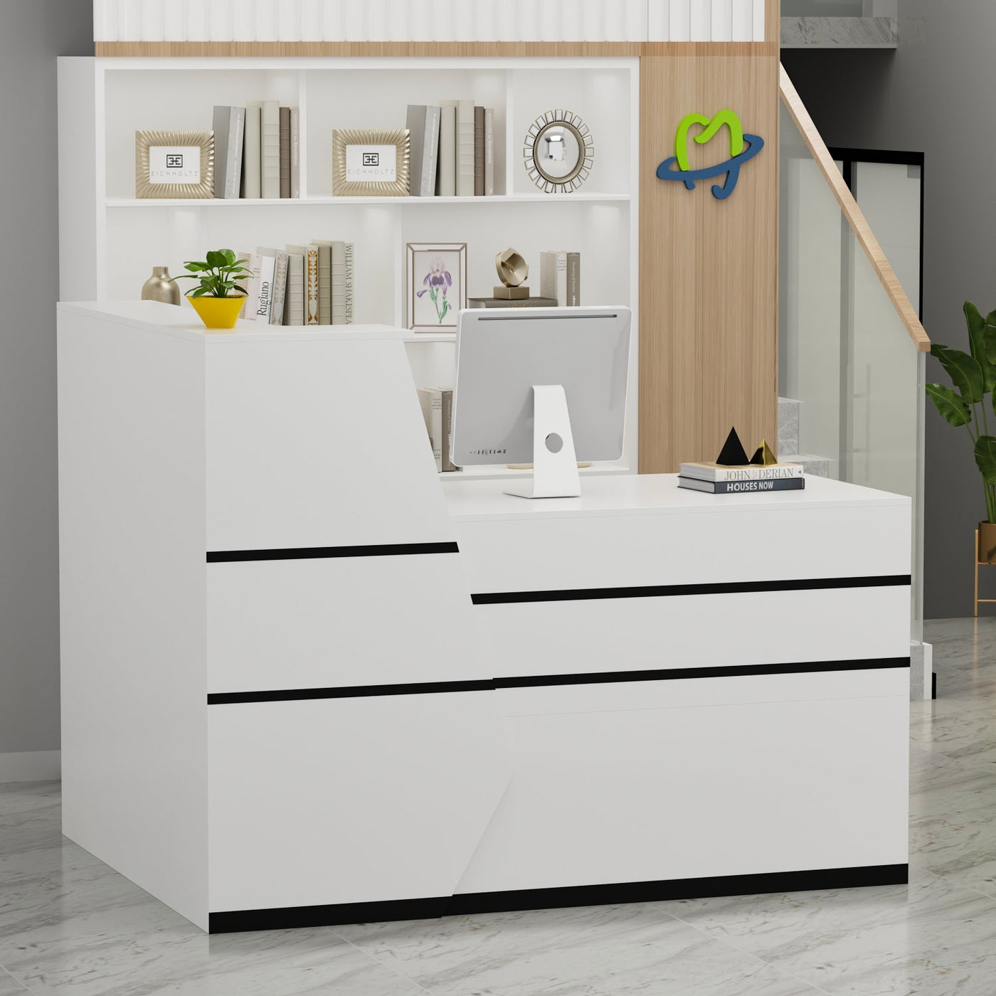 Reception Desk Front Counter Desk with Lockable Drawer & Bookshelf