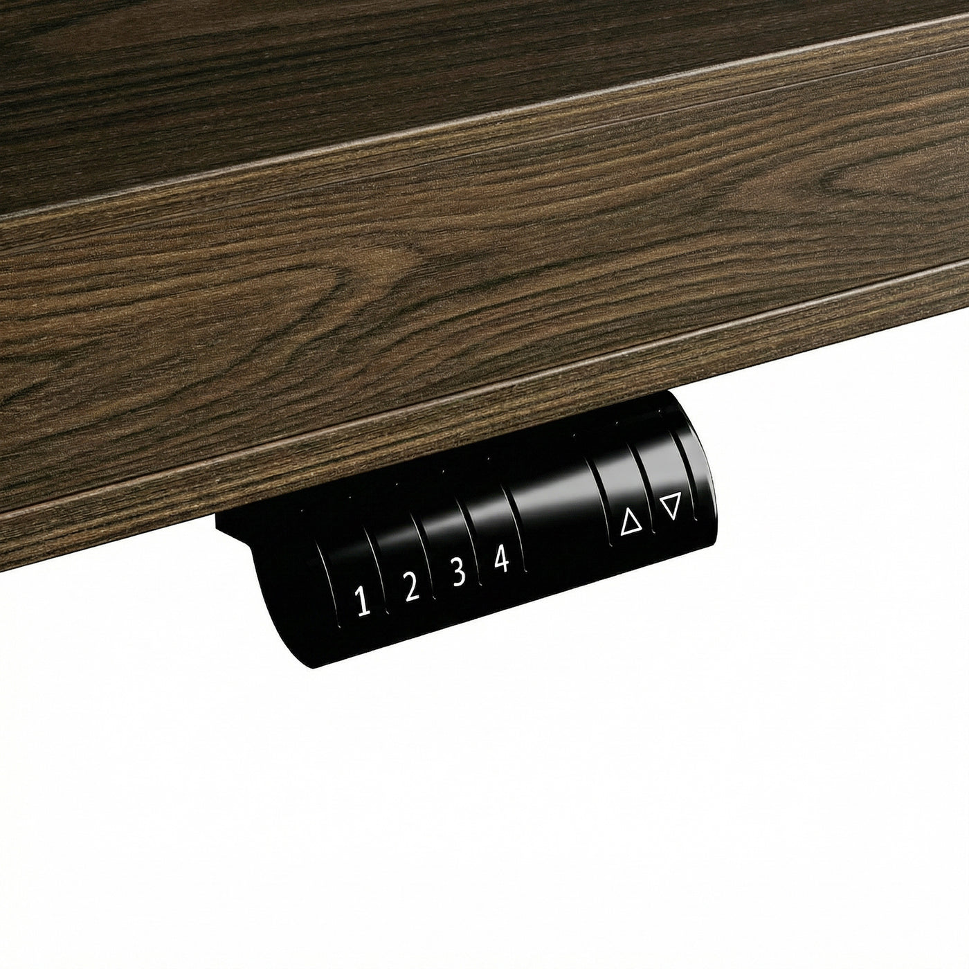 Dark wood standing desk with electric height adjustment and control panel