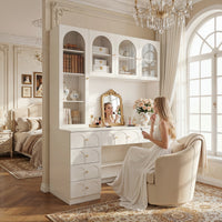63" Modern White Versatile Vanity Desk with Massive Storage and Arched Glass Doors