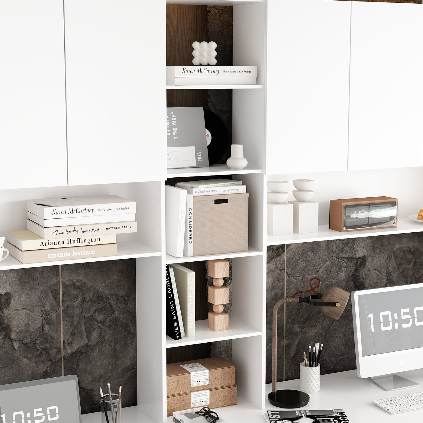 94.5" Modern White Desk with Hinged Doors and Pull-out Drawers