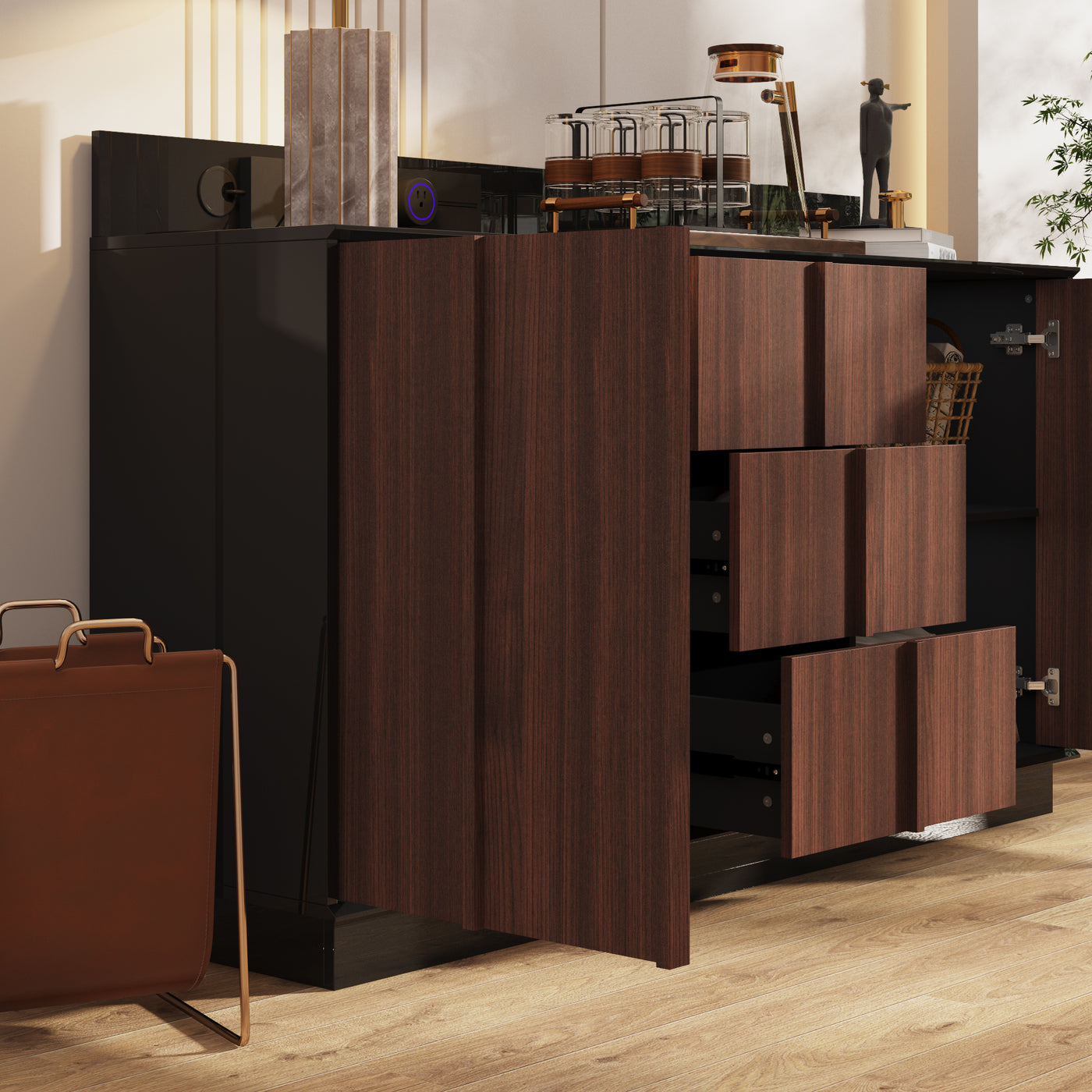 59.1" Modern Brown Sideboard Buffet with Integrated Track Socket & 3 Drawers