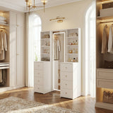 White makeup vanity with full-length LED mirror, side shelves, and drawer storage