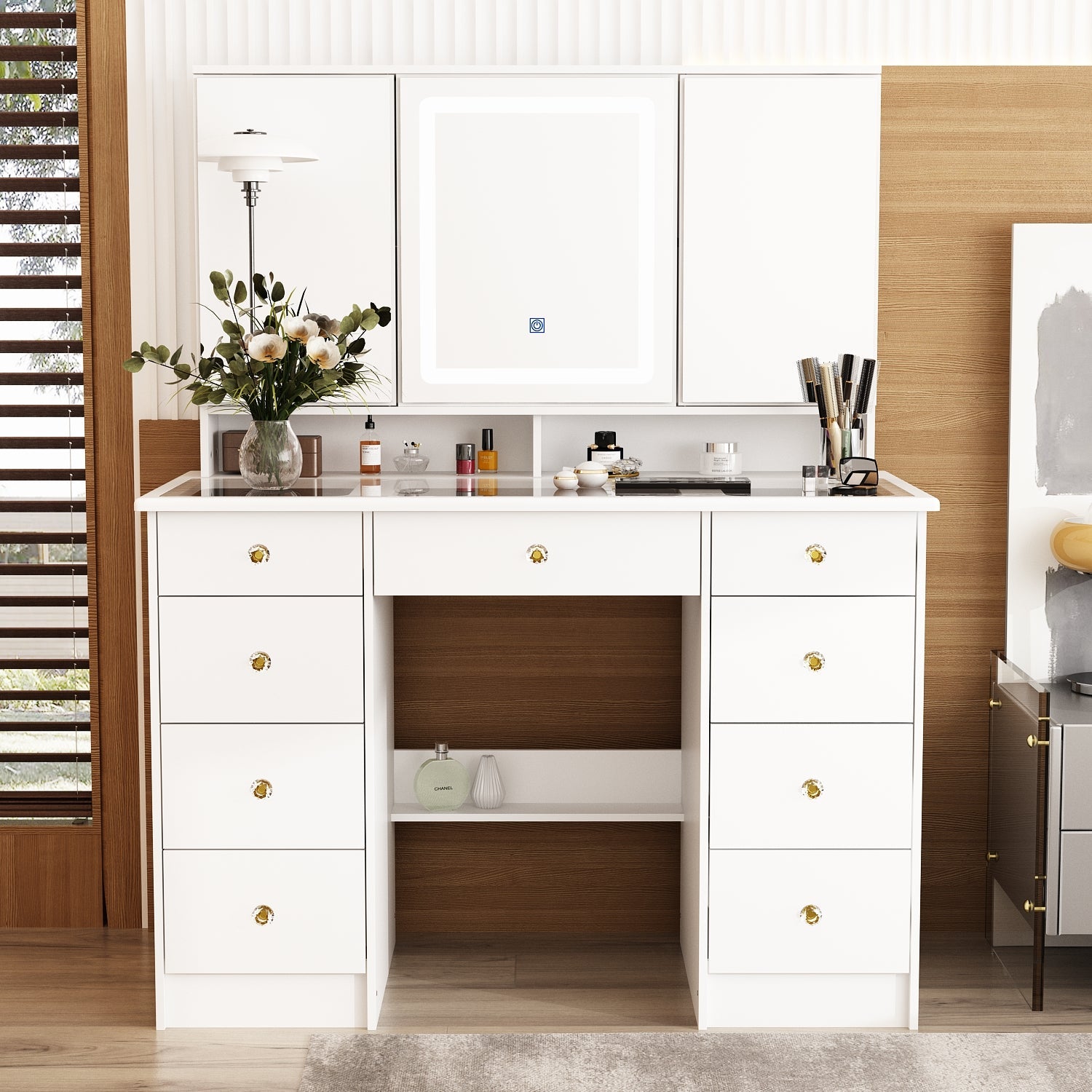 Home Makeup Dressing Table With A Transparent Tempered Glass Countertop