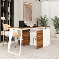54.3" Mid-Century Modern L-Shaped Corner Computer Desk with Drawers and Wood Grain