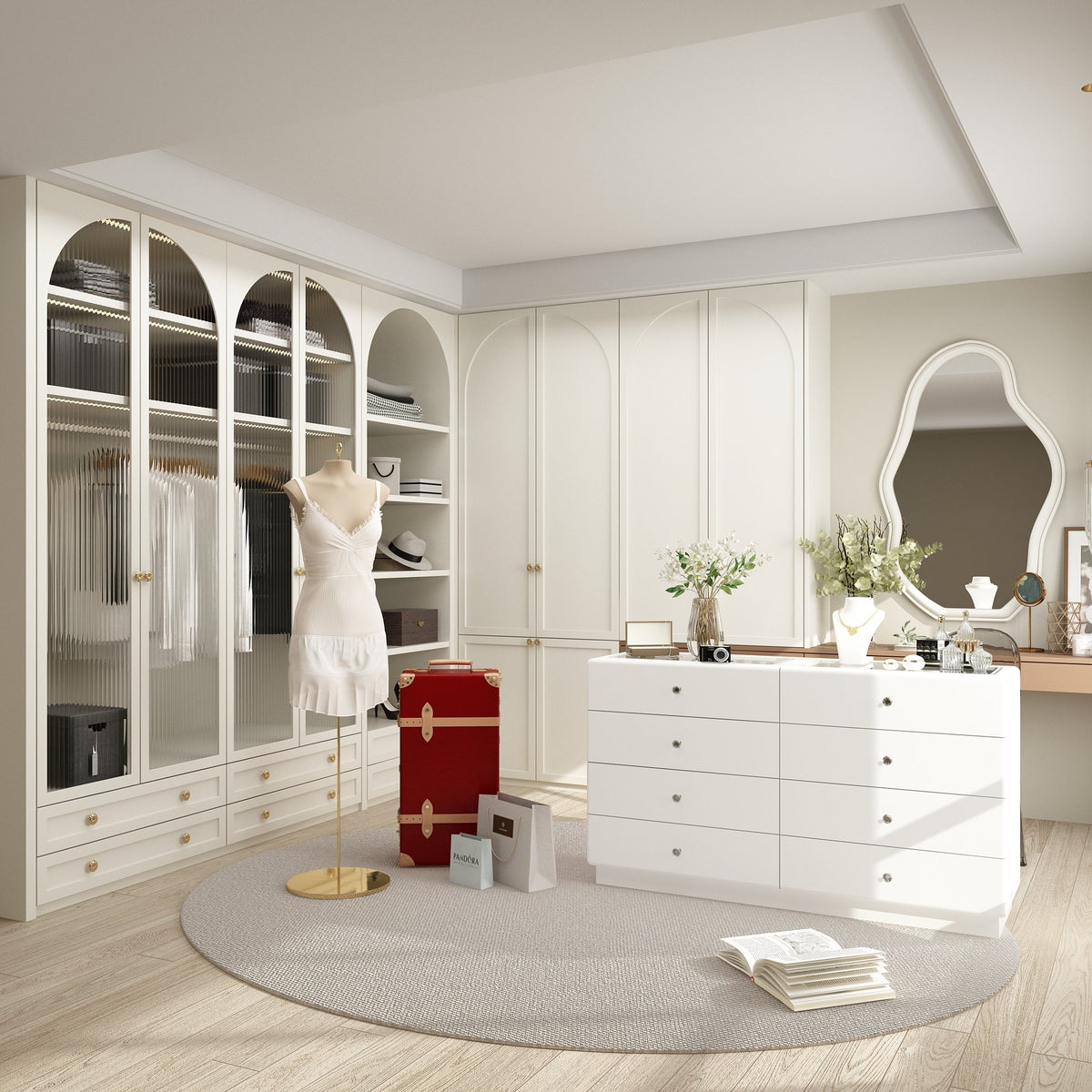 55.1" Modern White Double Dresser with Adjustable Lights