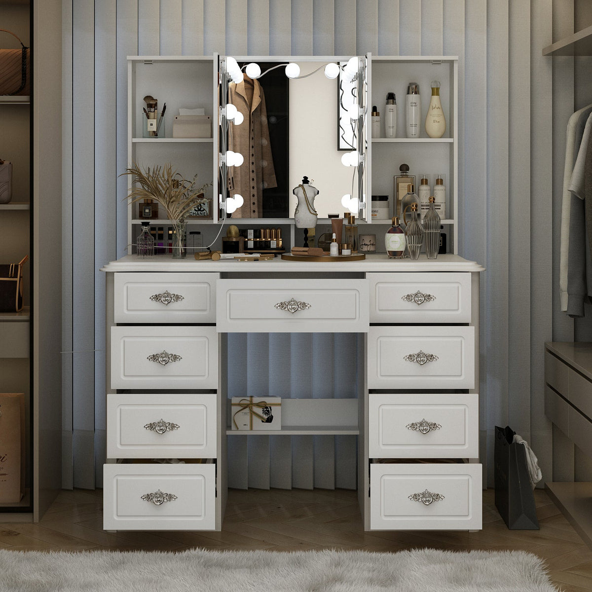 43.3" Modern Minimalist White Vanity Table with 7 Drawers Lights And Mirror