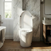 White smart toilet with digital display, and side control knob