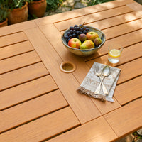 Wood outdoor dining set with rectangular table and matching armchairs