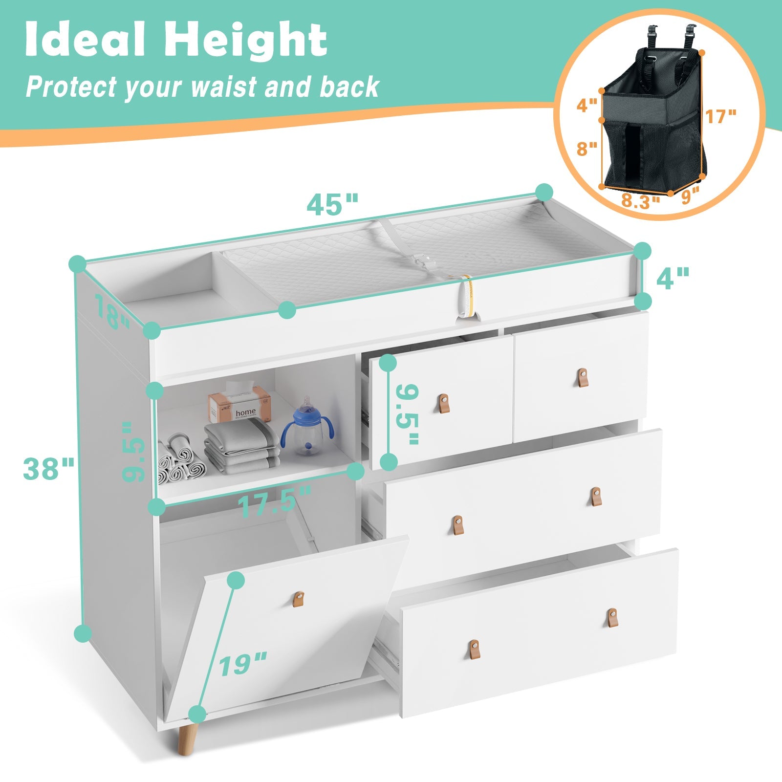 Baby Change Table Dresser Nursery Table Dresser 5 Drawers with Open Storage