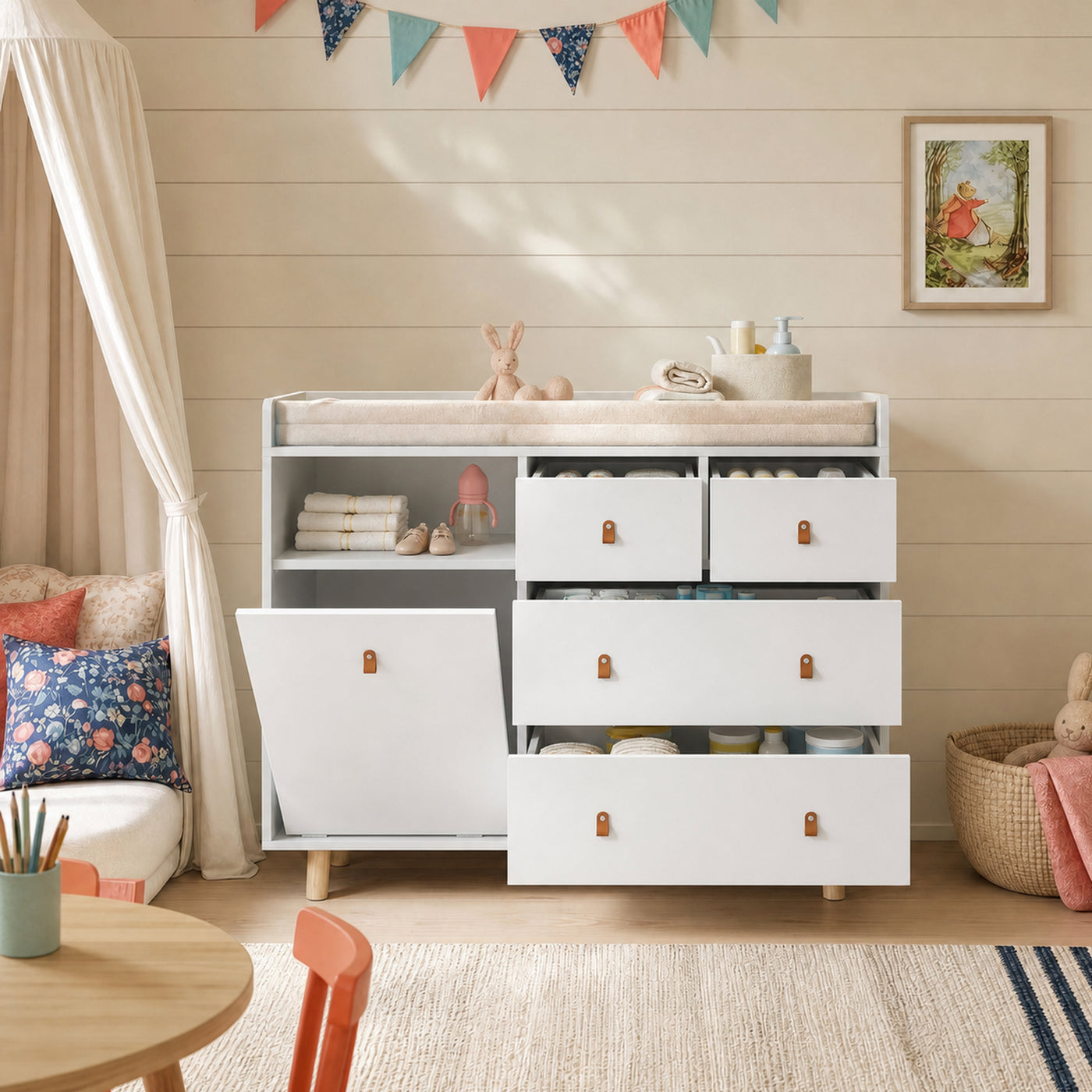 45" Modern White/Grey Changing Table Dresser with 4 Drawers and Open Shelf