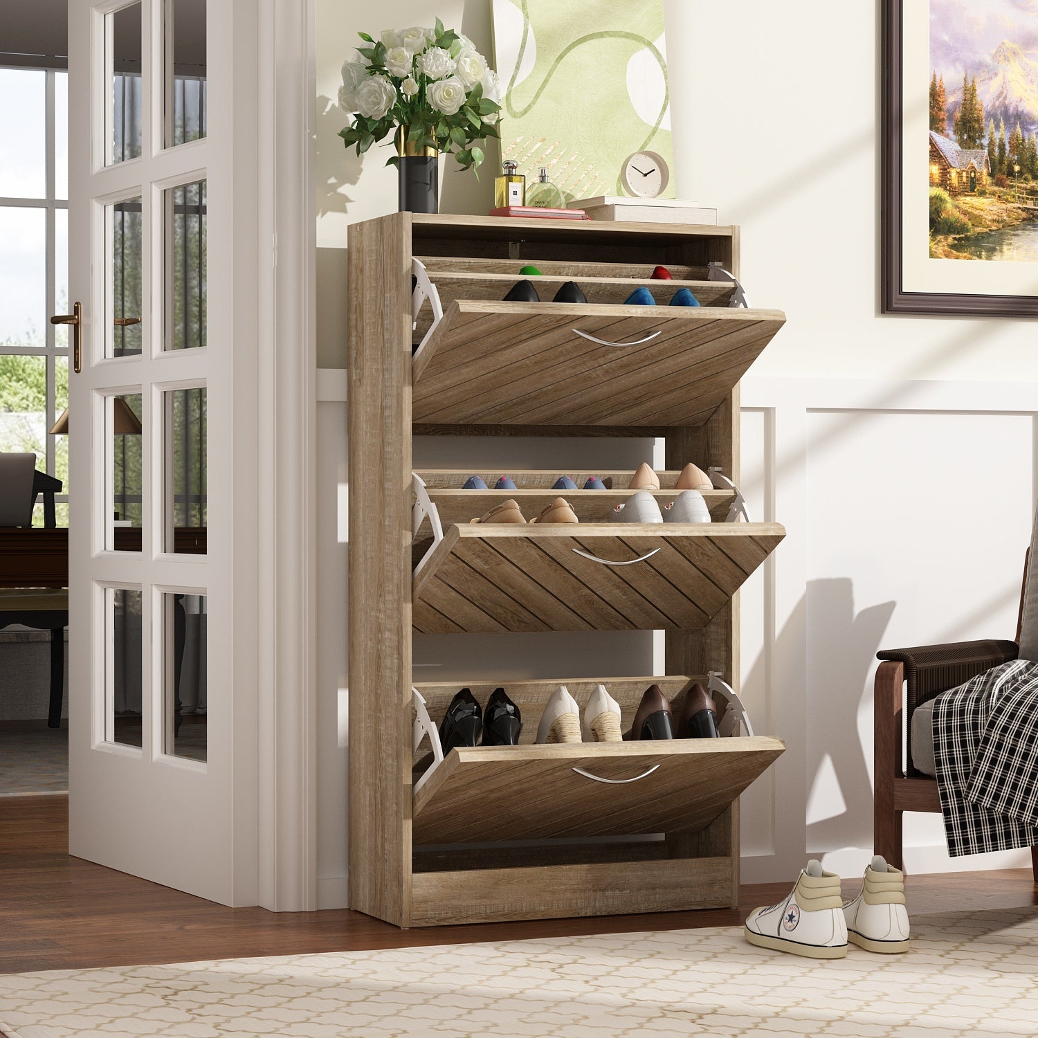 Shoe Cabinet with 3 Flip Drawers Distressed Shoe Organizer for Hallway Entryway