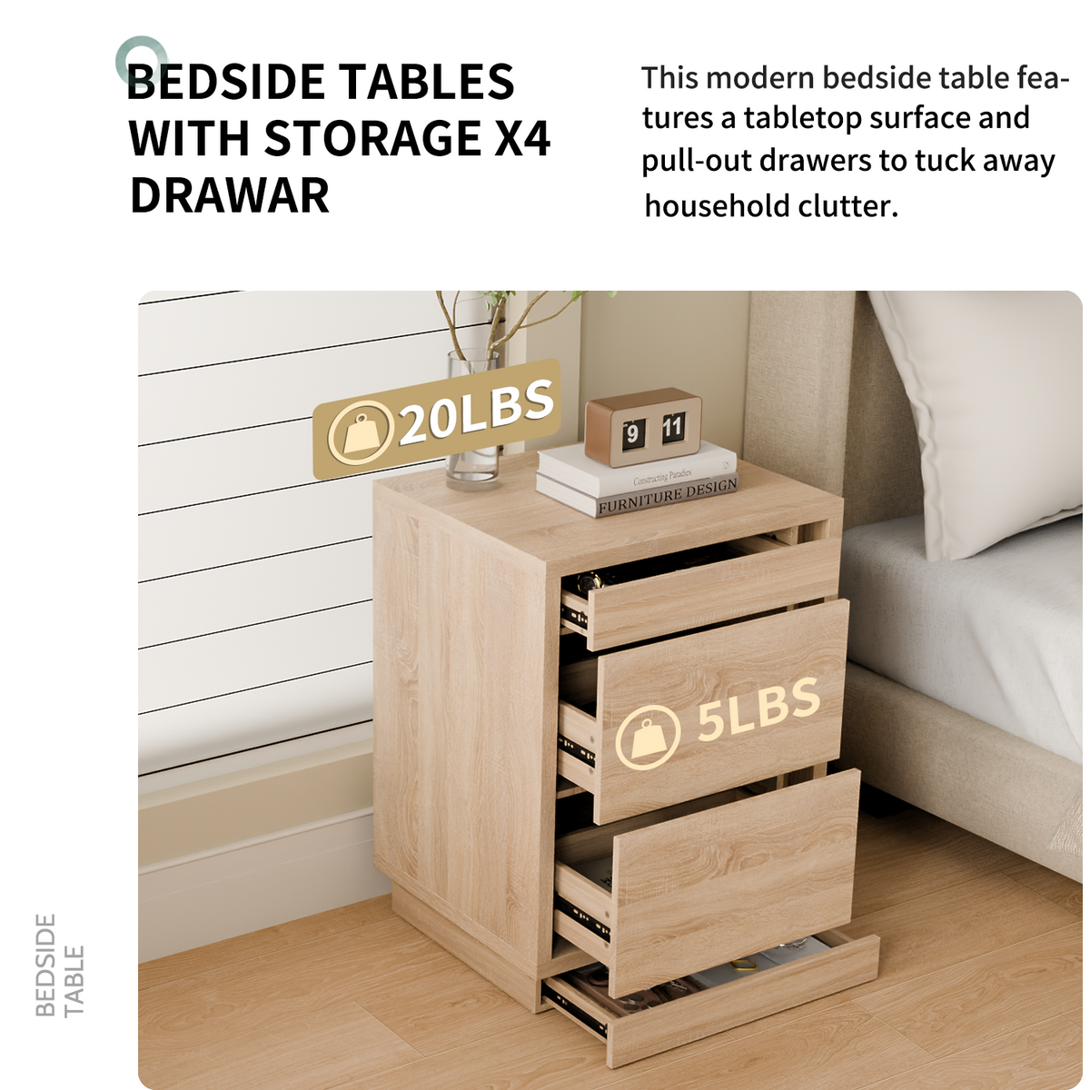 23.6" Oak Engineered Wood 3-Drawer Lockable Smart Nightstand with Hidden Gun Storage Cabinet