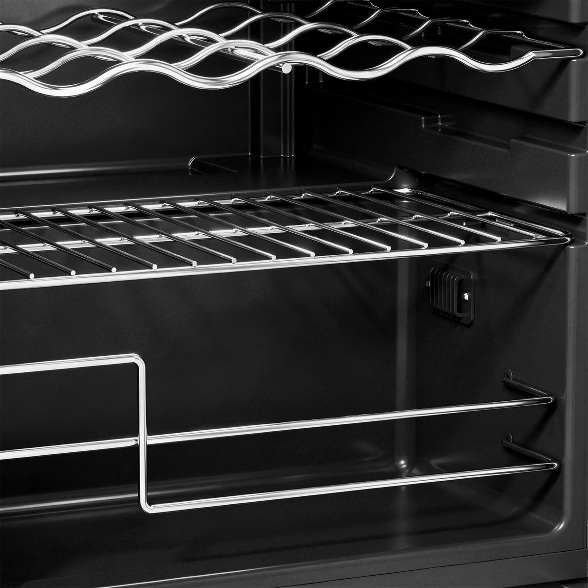Black wine fridge with glass door and digital temperature display