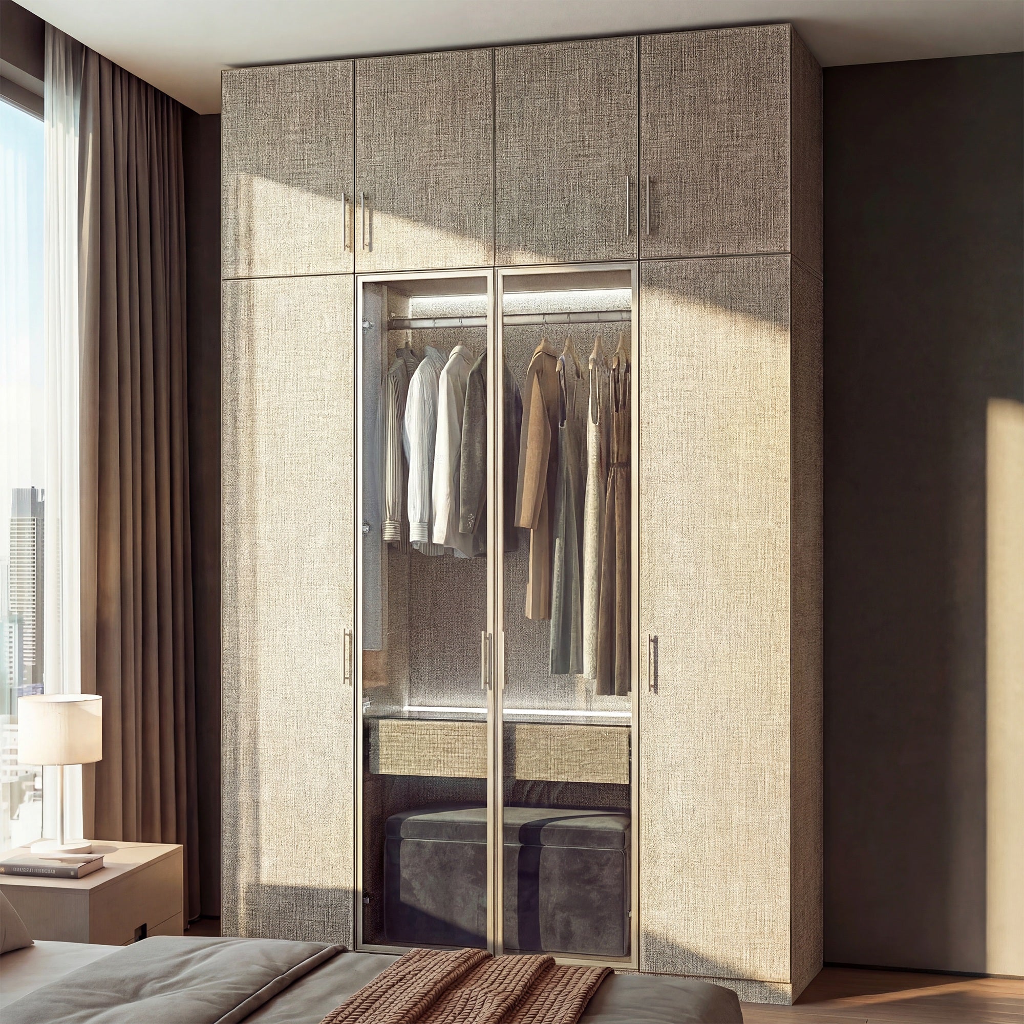 Beige wardrobe cabinet with glass doors, hanging rods, and top cabinets