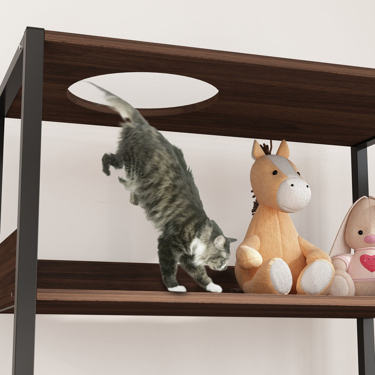 30.8 inches Walnut Wood‑Grain Cat Litter Box Enclosure with Multi‑Level Cat Perch and Storage Shelves
