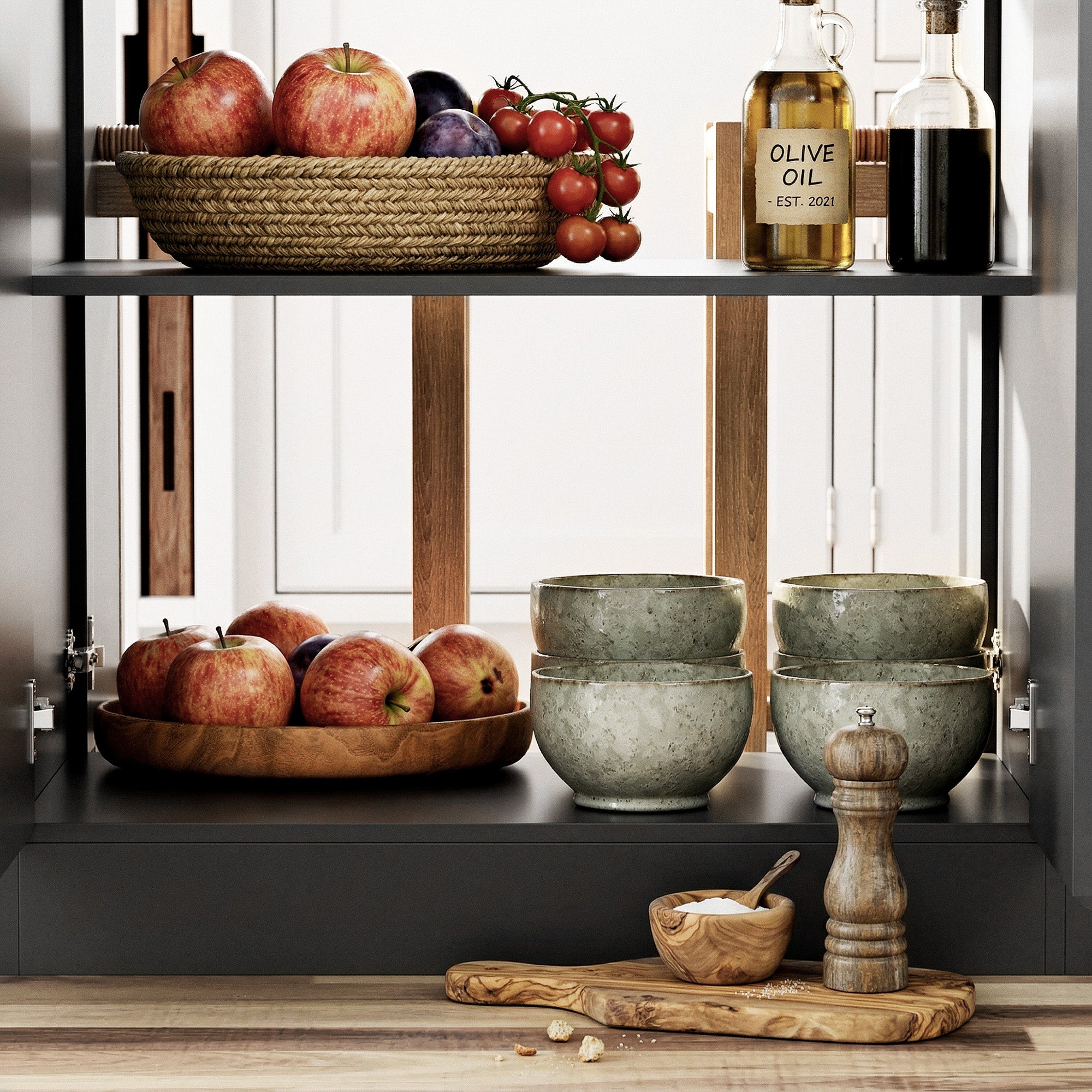 77.3 inches Modern Black Kitchen Island With Adjustable Shelves And Butcher Block Top
