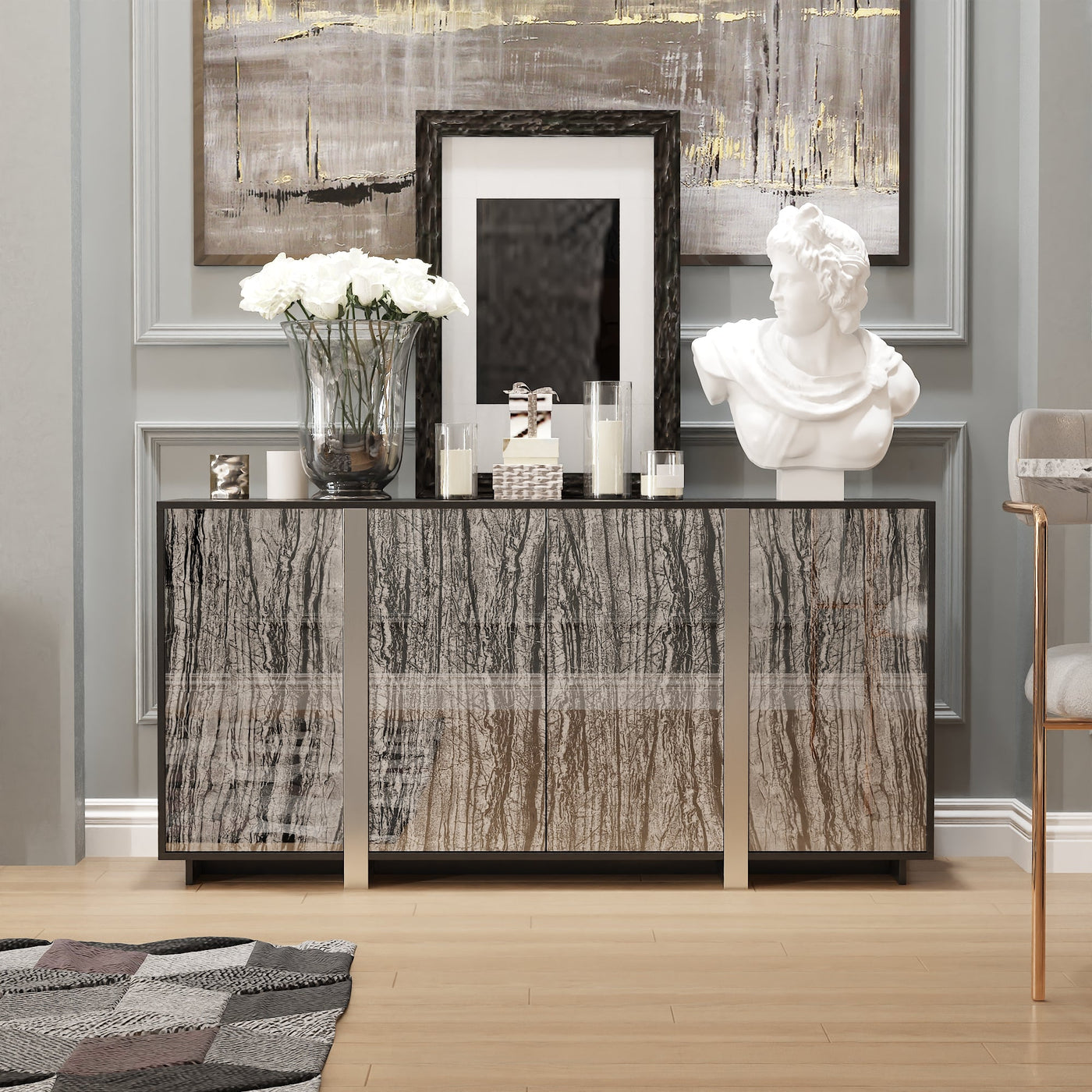 63" Modern Industrial Accent Cabinet With Stone-Patterned Glass Doors