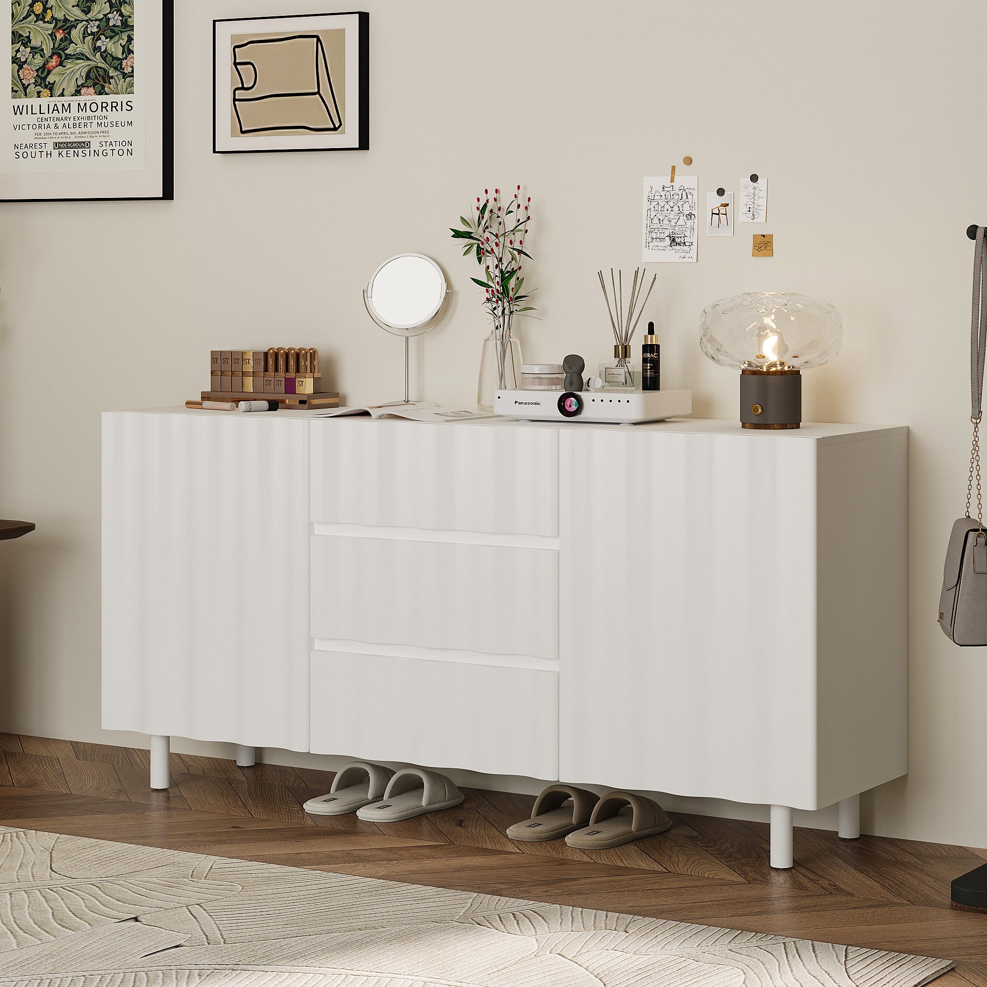 61" Wide White Accent Cabinet With 3 Drawers & 2 Doors