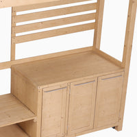 Wooden storage bench with slatted backrest on a white background