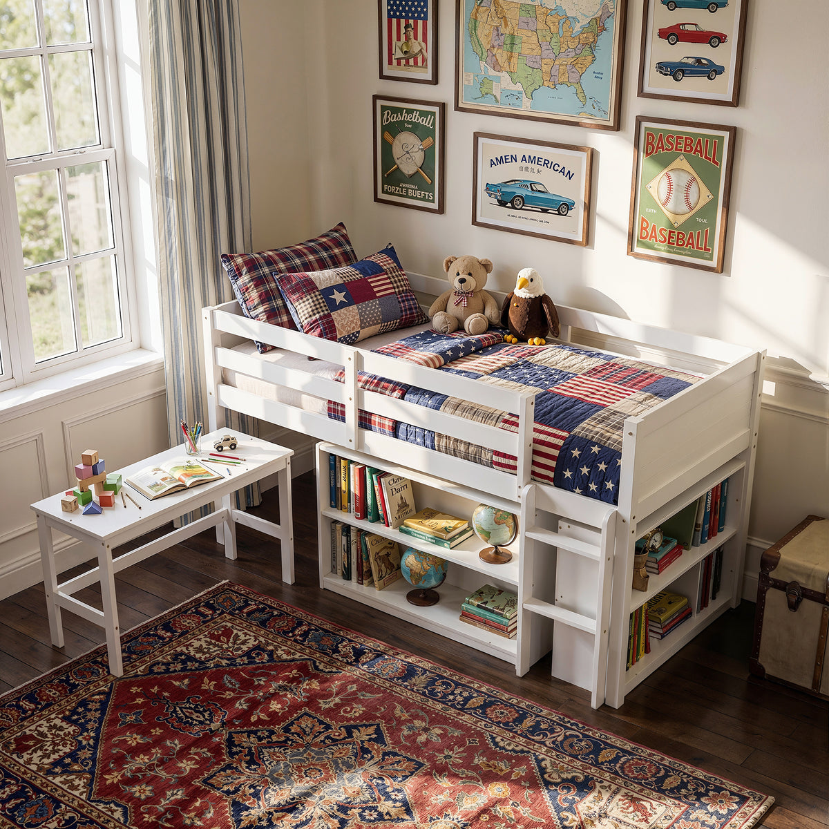 White kids loft bed with built-in desk, shelves, ladder, and storage space