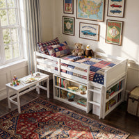 White kids loft bed with built-in desk, shelves, ladder, and storage space