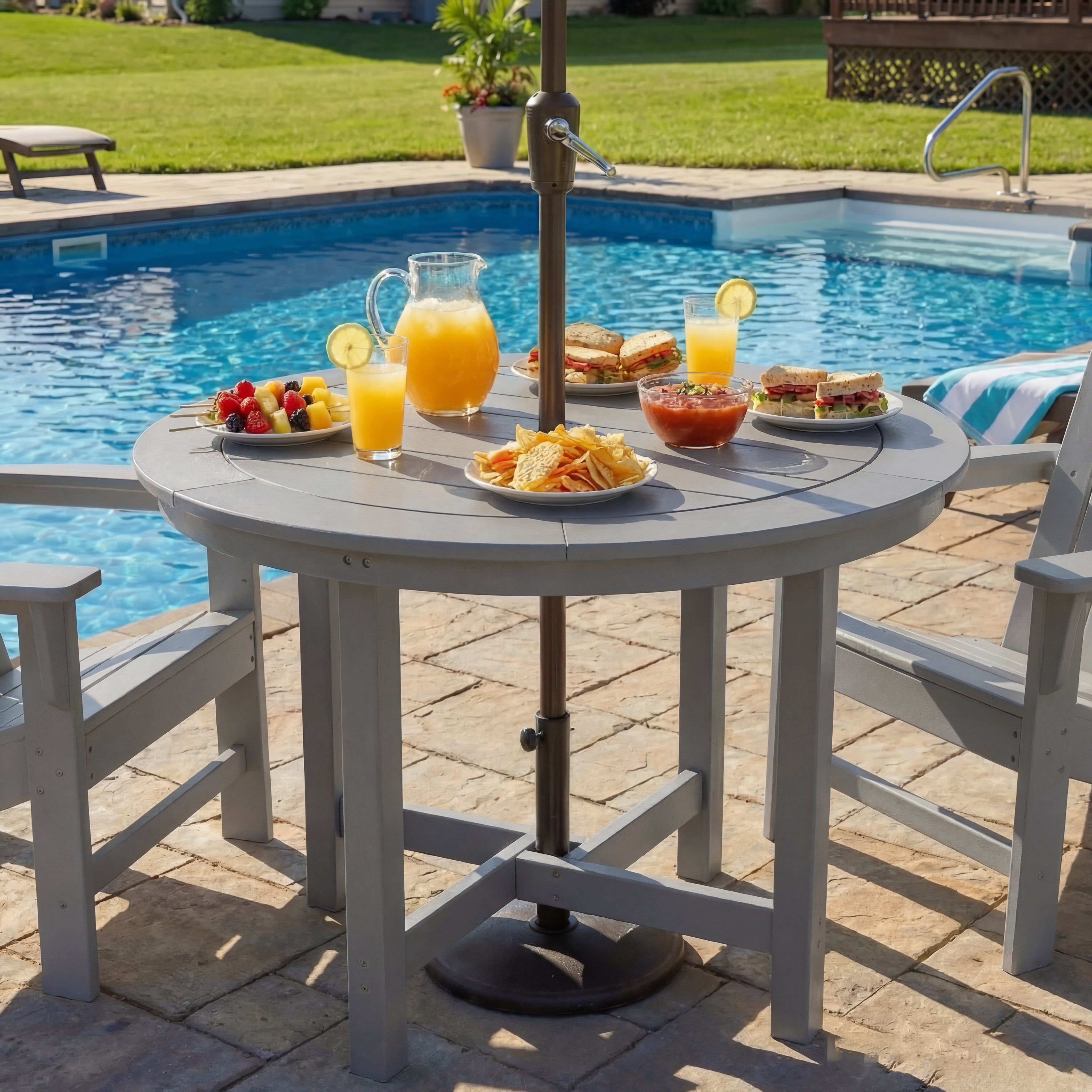 Outdoor dining table with food and drinks by a pool