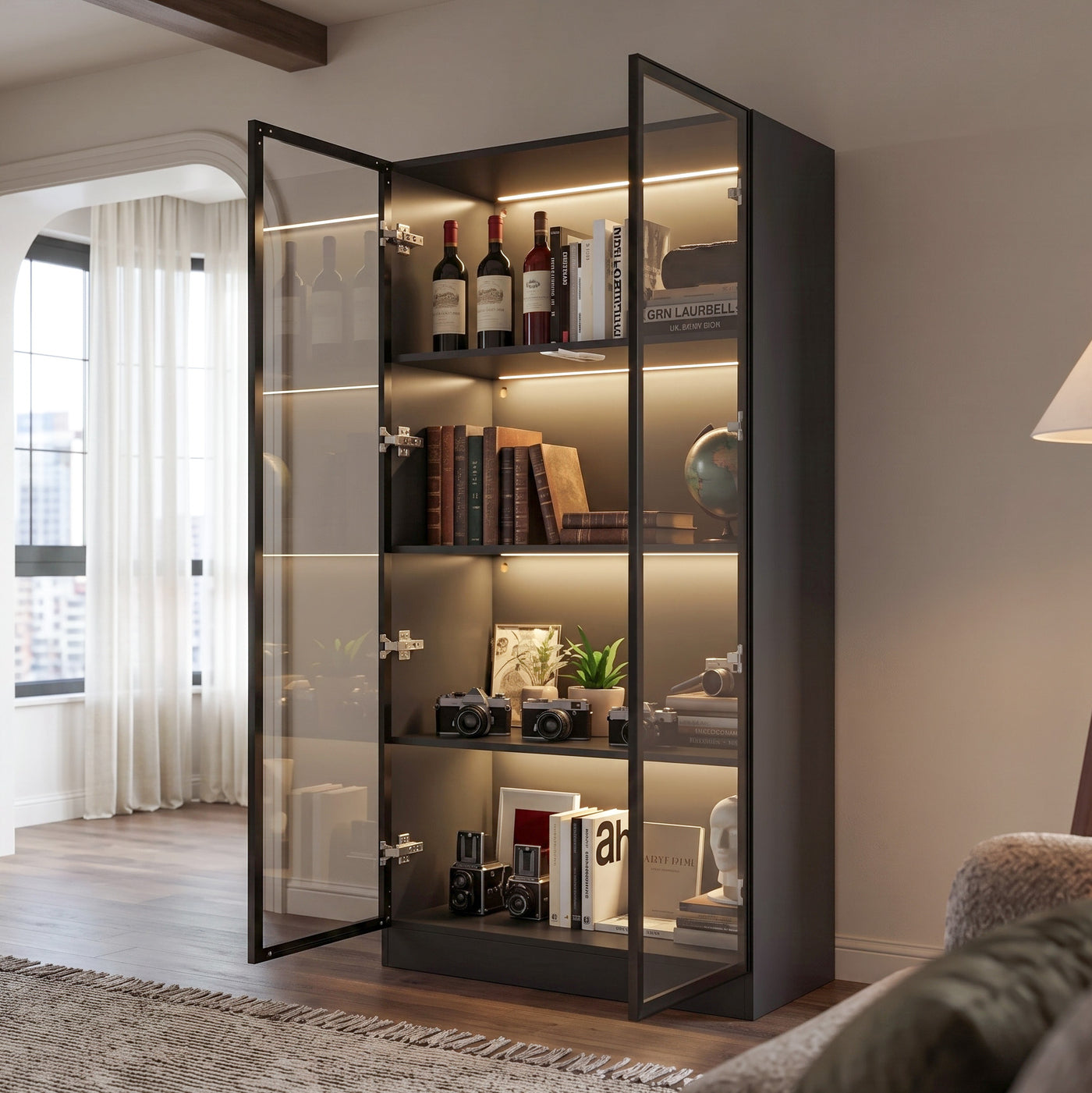 31.5" Modern Black/white 4-Tier Display Cabinet with Lights and Glass Doors