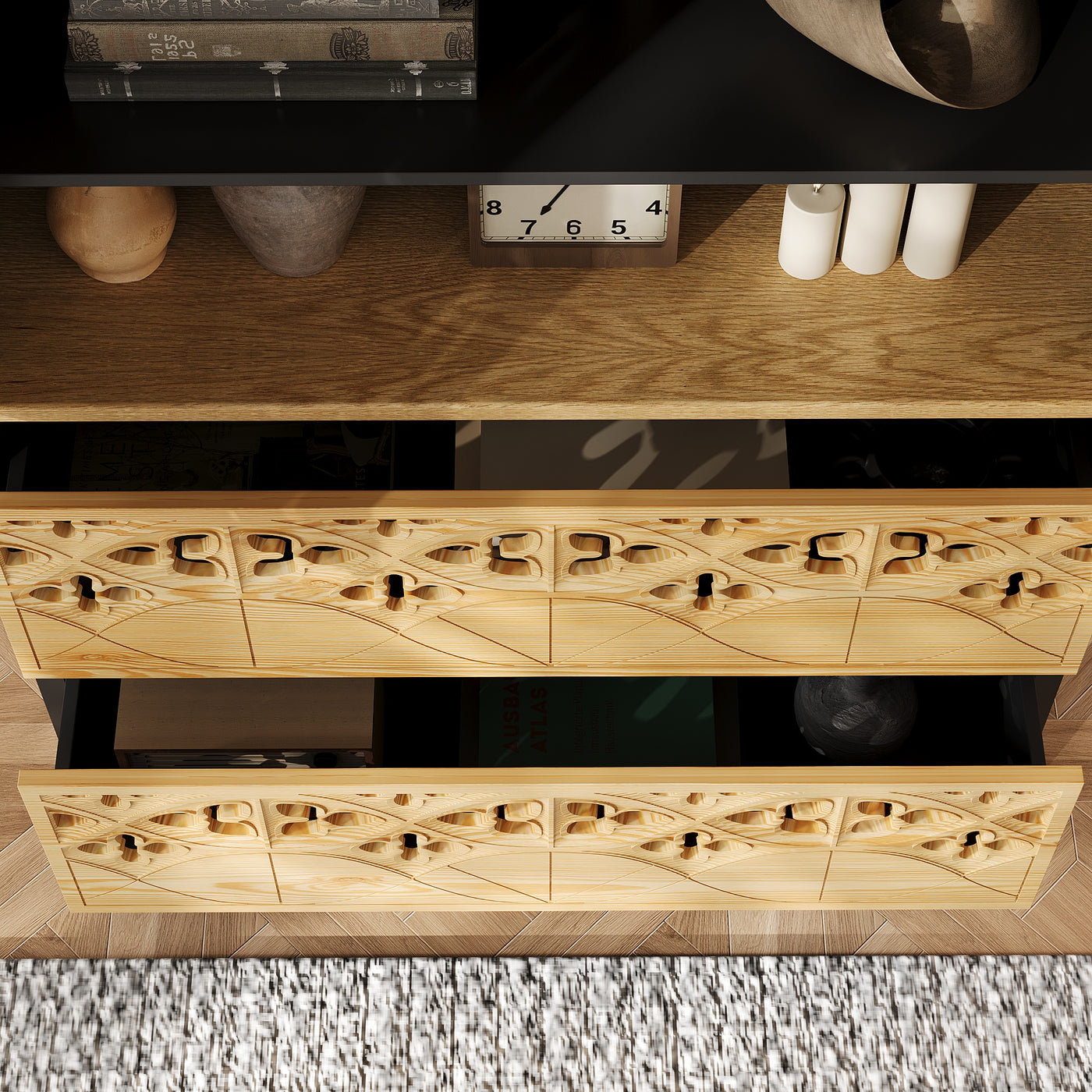 Wooden dresser with decorative carvings on a wooden floor.