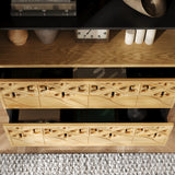 Wooden dresser with decorative carvings on a wooden floor.