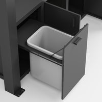 Gray trash can with open lid attached to a black metal frame on a white background