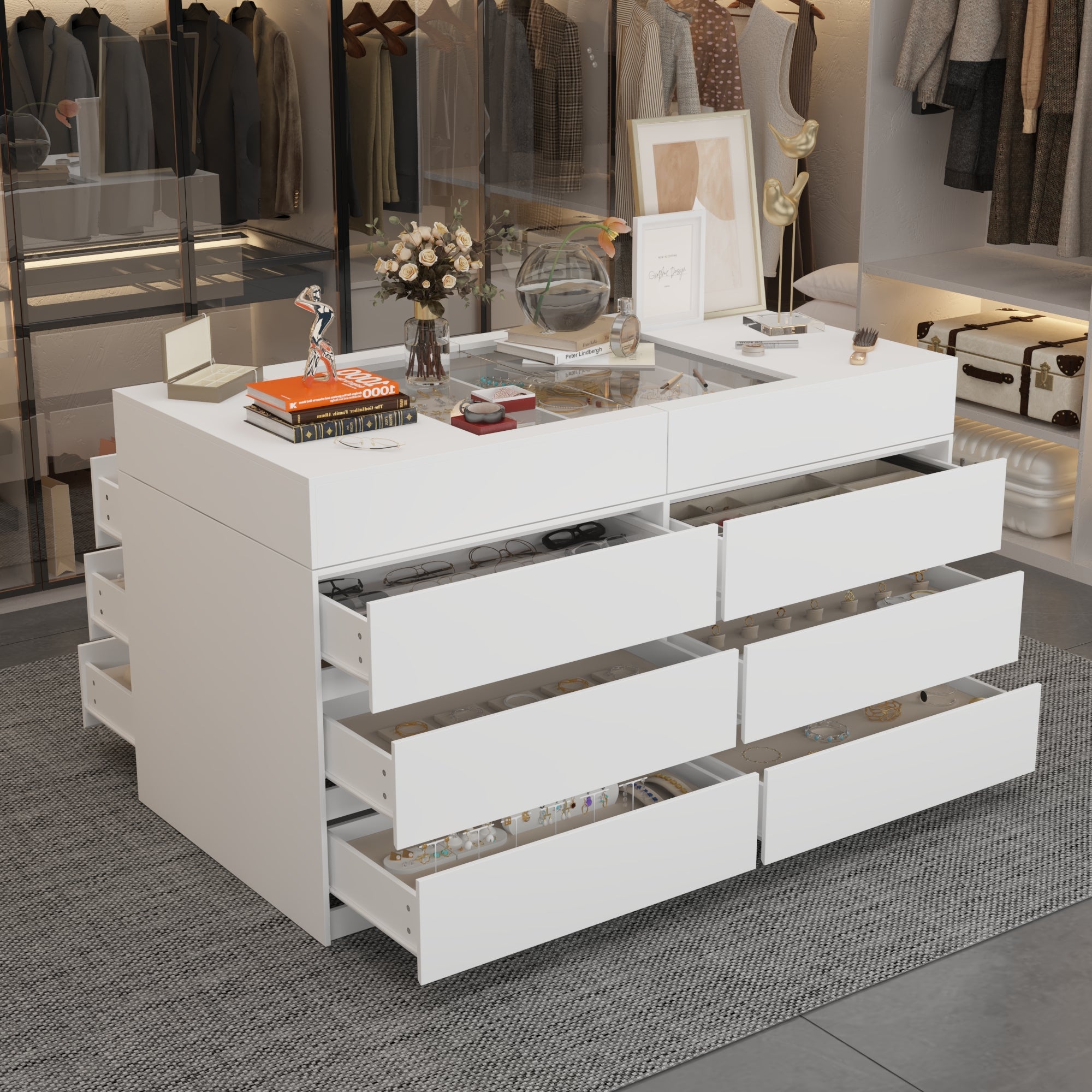 12-Drawer 1-Shelf Chest With Graceful Design And Tempered Glass Top