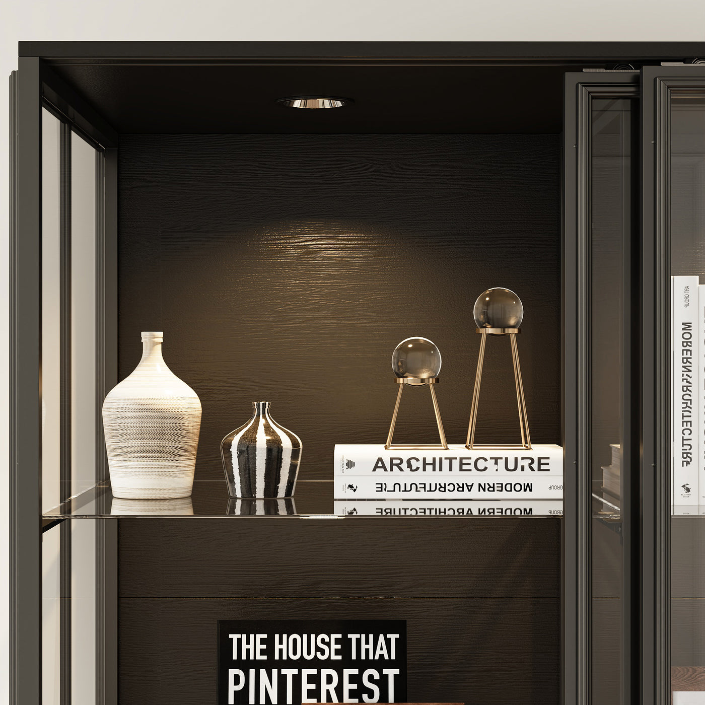 48.1" Modern Black 4-Tier Display Cabinet With Glass Doors and Lights