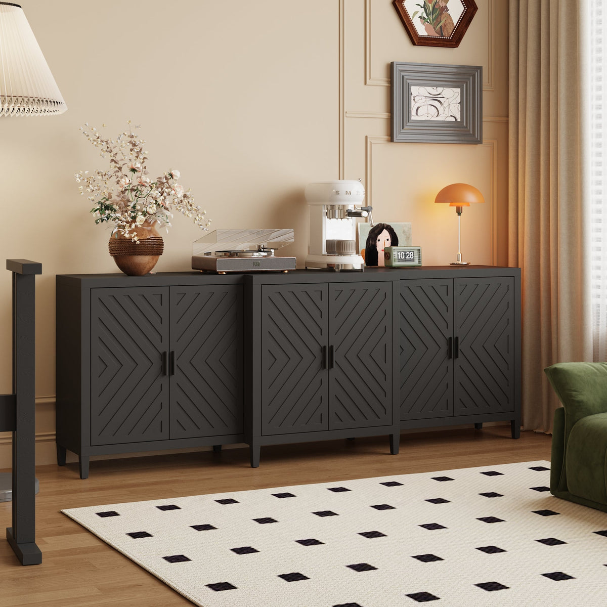 94.5" Modern Black 6-Door Storage Cabinet with Strong Storage